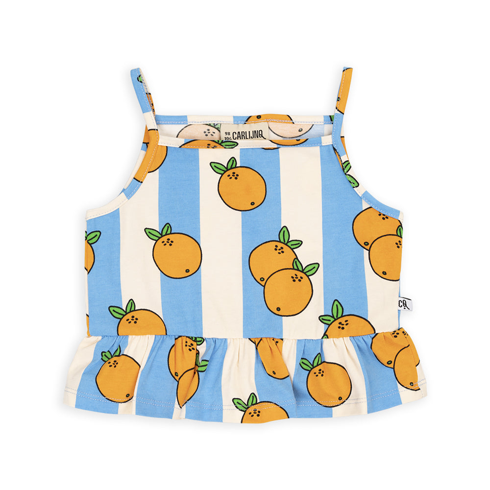 A loose fitting tank featuring blue and white stripes with a playful orange print. Ruffle detailing at the bottom. Ethically produced, colorful and fun with an eye towards comfort, style and joy. Modern and sustainable kids clothing by CarlijnQ of the Netherlands.