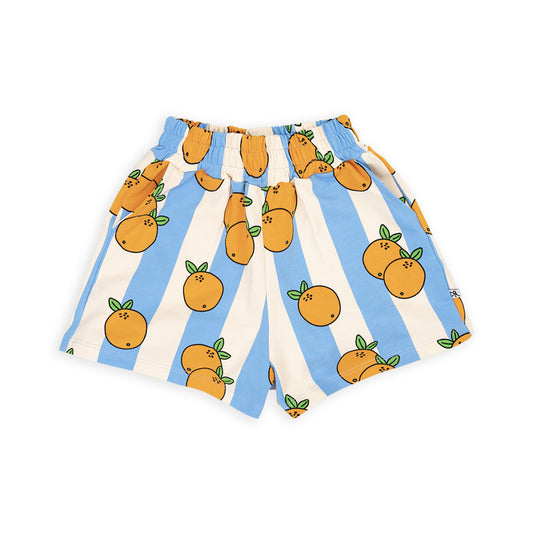 Light weight shorts with a longer fit. Elasticized waist band with pockets featuring blue & white stripes with oranges print. Ethically produced, colorful and fun with an eye towards comfort, style and joy. Modern and sustainable kids clothing by CarlijnQ of the Netherlands.