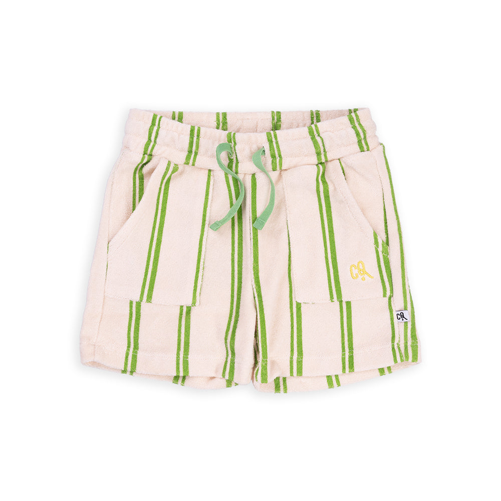 A classic cream short with green stripes. Terry towel fabric provides a loose fit, includes pockets and drawstring waistband.  Ethically produced, colorful and fun with an eye towards comfort, style and joy. Modern and sustainable kids clothing by CarlijnQ of the Netherlands.