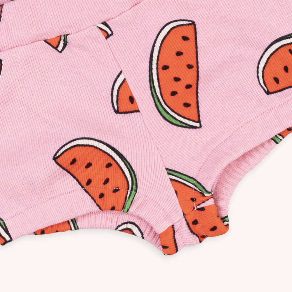 Light pink base with watermelon print.  Ethically produced, colorful and fun with an eye towards comfort, style and joy. Modern and sustainable kids clothing by CarlijnQ of the Netherlands.