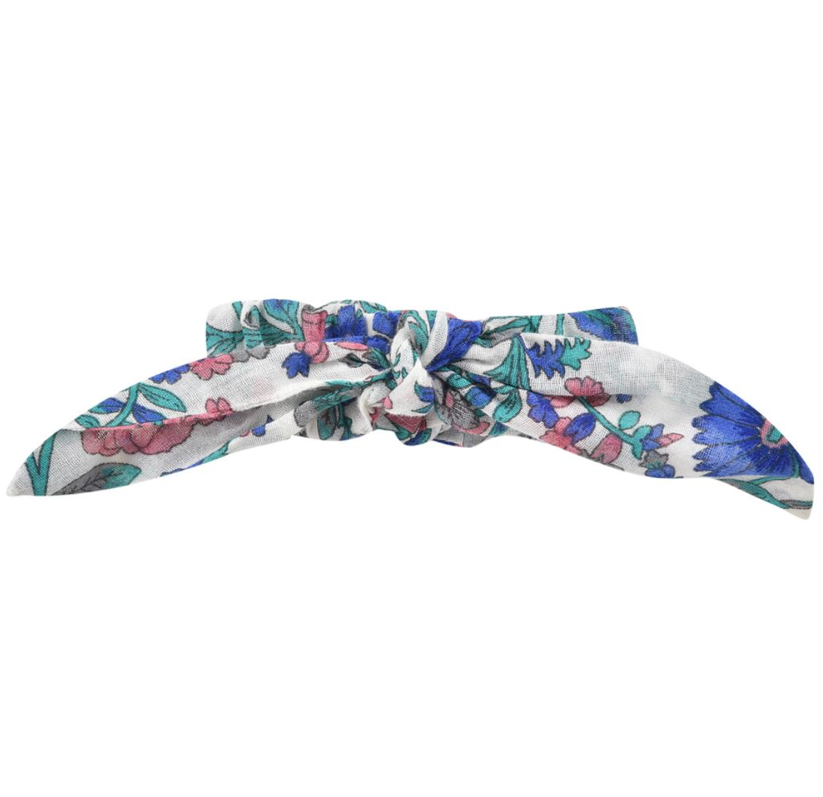 A floral hair scrunchie with a decorative bow. Made with 100% organic cotton. Louise misha chloe scrunchie in blue summer meadow.