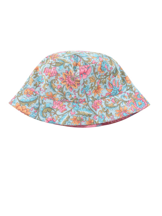 A reversible summer sun hat with a different print on each side. Made with 100% organic cotton. Louise misha lajik sun hat in water river flowers.