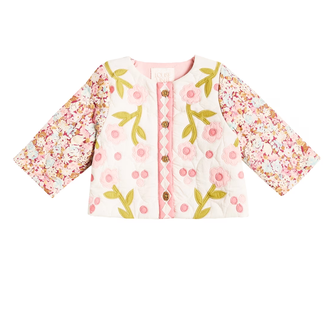 A quilted patchwork jacket filled with colorful flowers. Made with 100% organic cotton, including the lining. Louise misha orisha patchwork jacket.