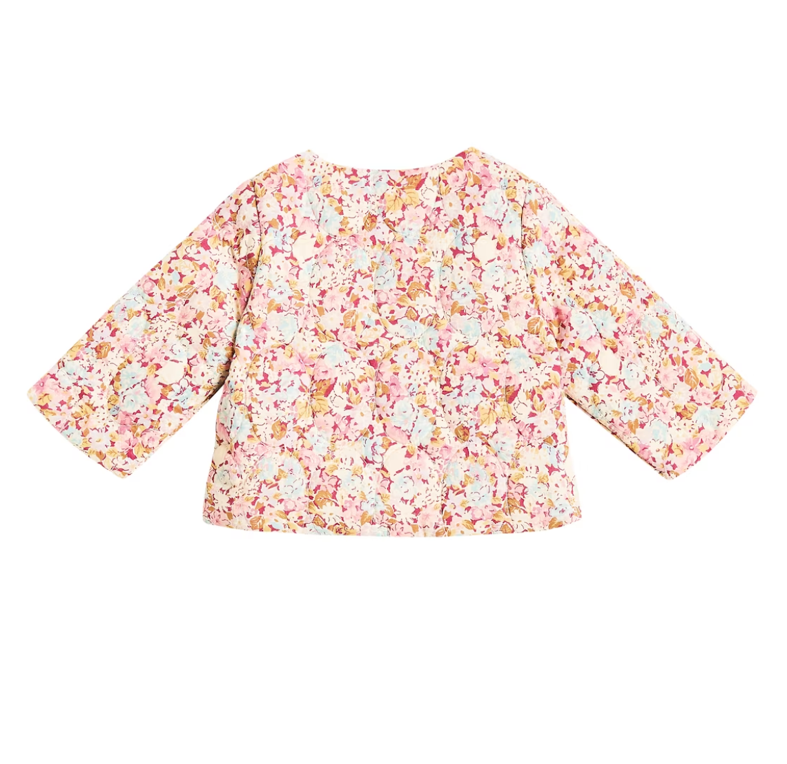 A quilted patchwork jacket filled with colorful flowers. Made with 100% organic cotton, including the lining. Louise misha orisha patchwork jacket.