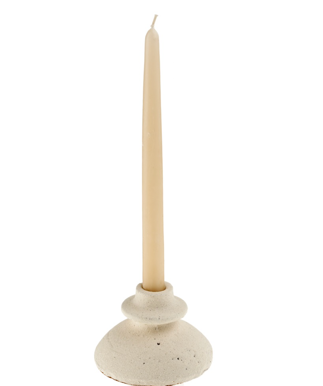 Ceramic candle holder with a white candle on a white background