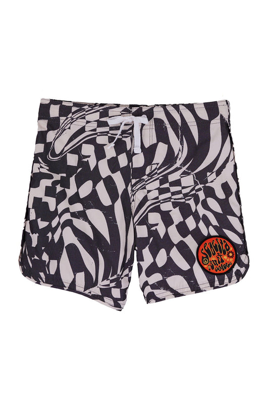 Custom swirled checker print made exclusively for Seaesta Surf. Features a Seaesta Surf patch. These boardshorts are earth and performance conscious, featuring eco-friendly fabrics and signature vintage-inspired boardshort design with a scalloped retro boardshort hem. 