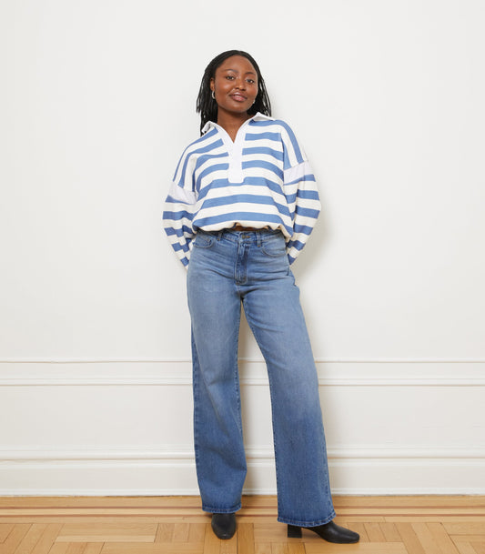 LOUP Indigo Francios Jeans / The Francois Jeans are our highest and loosest wide leg, perfect for that slouchy look, yet fitted around the waist and hips. They are made from heavy weight denim, but with a little stretch so you can move in them. They feature a special indigo vintage wash.
The leg is wide and loose. Featuring a zip fly.