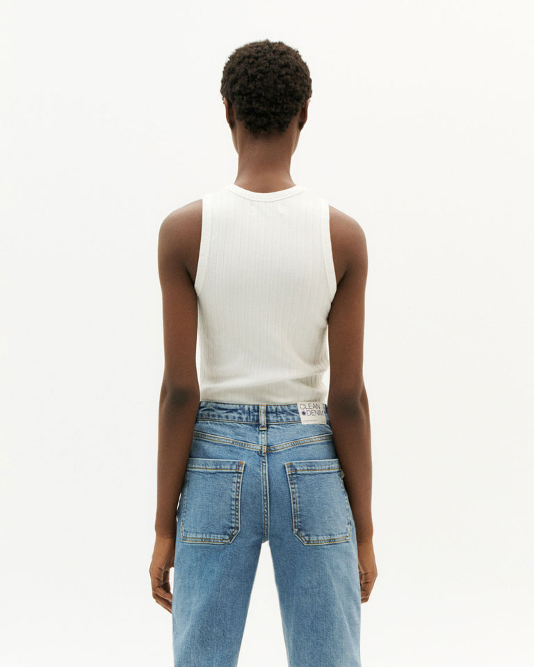 thinking mu light denim nele pant / A classic, high waisted pant with straight cut leg. 99% organic cotton 1% elastane - Sustainably made in Turkey.
