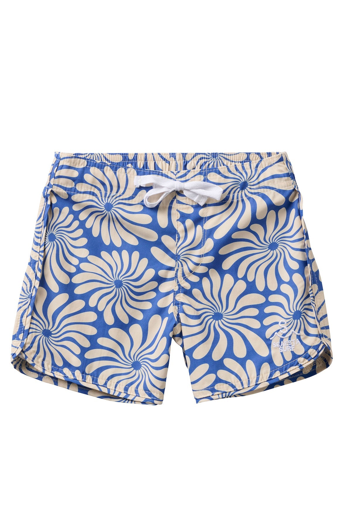 Wavy flowers eco-friendly board shorts for kids by Seaesta Surf.