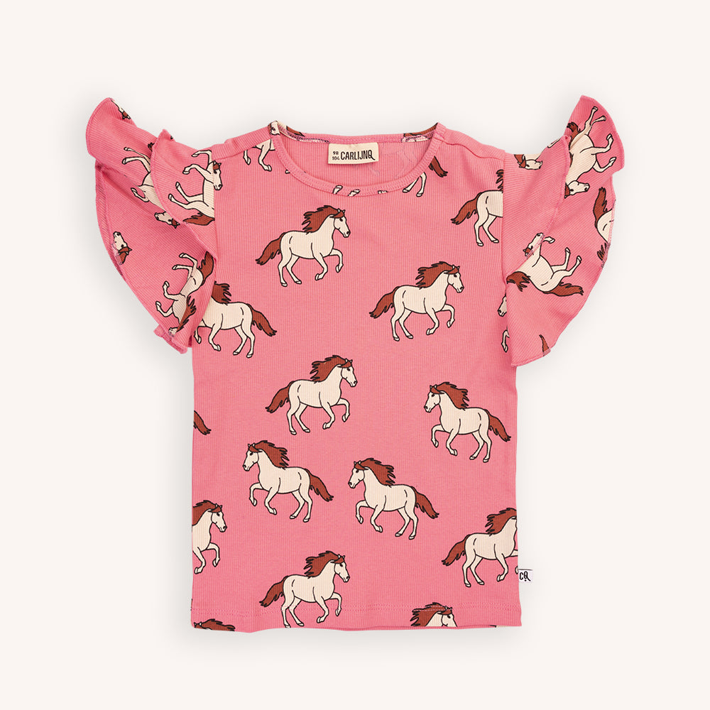 A pink top printed with horses - round neck with ruffle shoulders for fluid movement. Ethically produced, colorful and fun with an eye towards comfort, style and joy. Modern and sustainable kids clothing by CarlijnQ of the Netherlands.