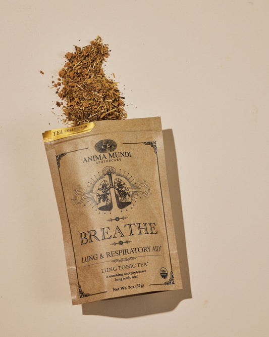 anima mundi breathe tea / Maintaining lung health is crucial due to the potentially damaging results of toxic fumes, or trauma due to the current world events. This herbal tea blend is packed with antioxidants & antimicrobial properties to support respiratory health.