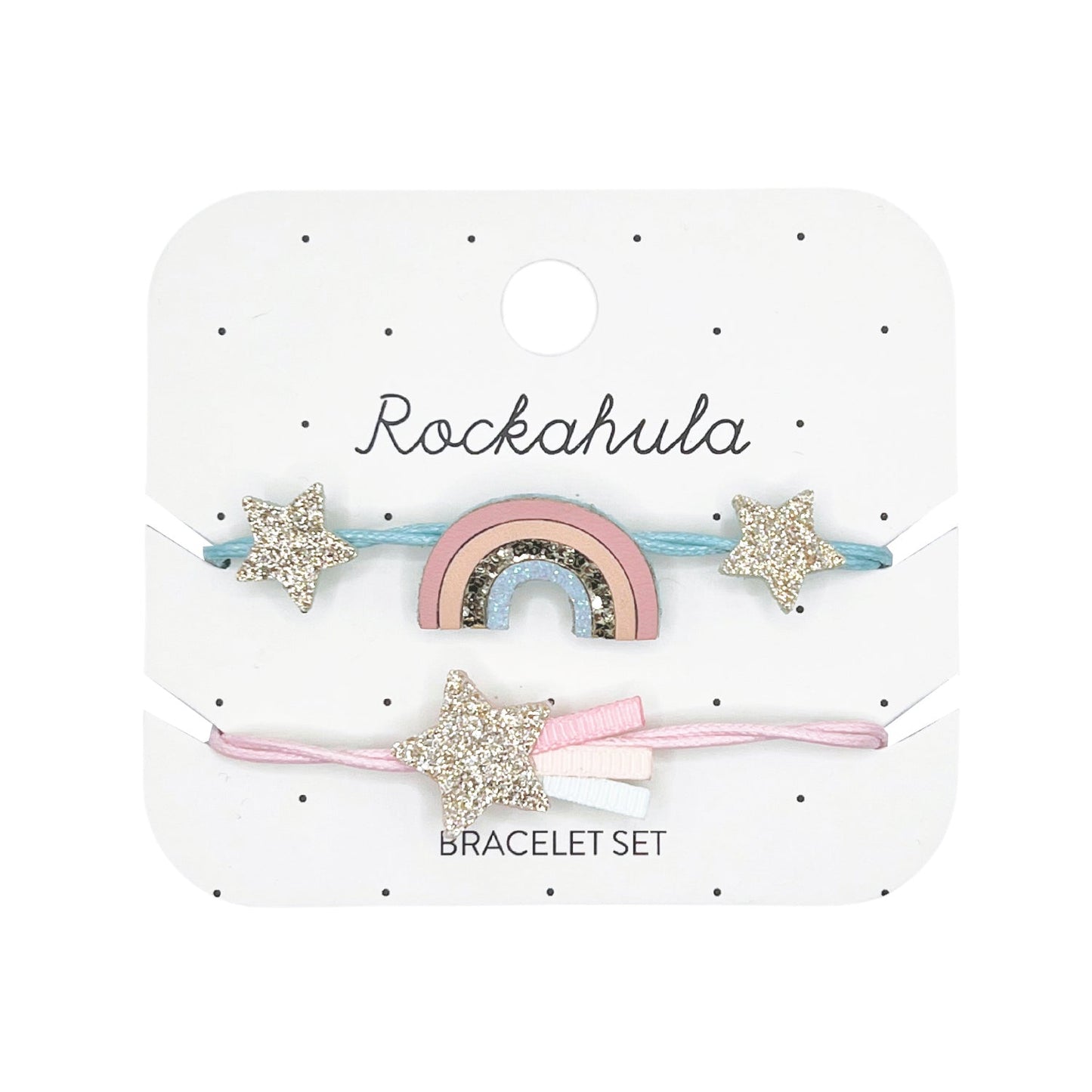 magical shimmer rainbow bracelet set rockahula / Shimmer and shine with this gorgeous set of two beautifully detailed bracelets.  Featuring one bracelet with our pretty pastel rainbow and the other with a glittering shooting star!   Both are set onto soft pastel coloured cord with a lobster clasp fastening and extender chain to ensure a good fit. 