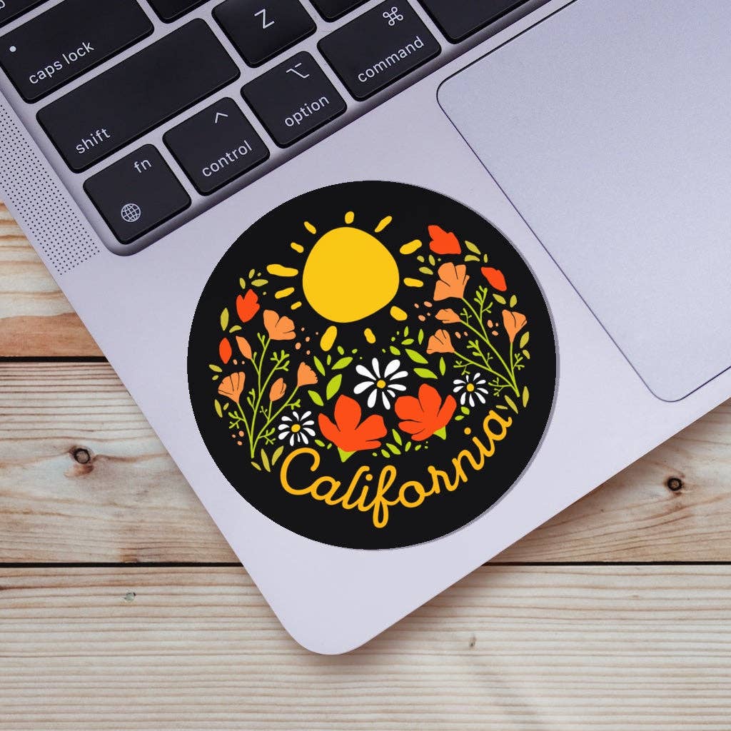 A sticker to represent the state of California where you can always find sunshine and flowers. Great for water bottles, laptops, your favorite local spot window, journal, etc. High quality & durable vinyl, waterproof & weatherproof.