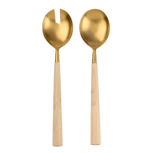 Maple wood and hand-forged brushed gold salad servers