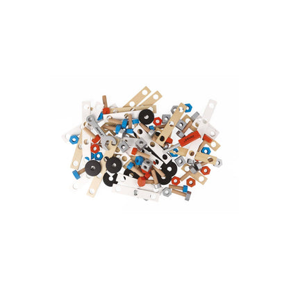 This wooden construction building set for kids is designed to spark creativity and imagination. It has a variety of accessories such as washers, wooden planks, bolts and screws, the perfect kids gift for the young builders.