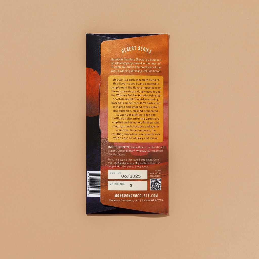 Heirloom chocolate bar with tasting notes of dark fruit, oak, and whiskey.