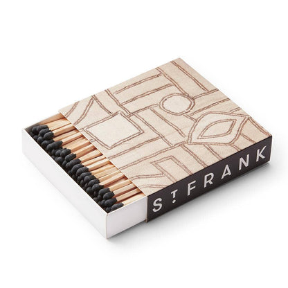 This matchbox is printed with a replica of a vintage Kuba cloth, a unique textile featuring complex designs that are created when various geometric raffia pieces are stitched to a plain raffia background. Matchbox is made from printed paper and filled with approximately 120 3.75" safety matches.