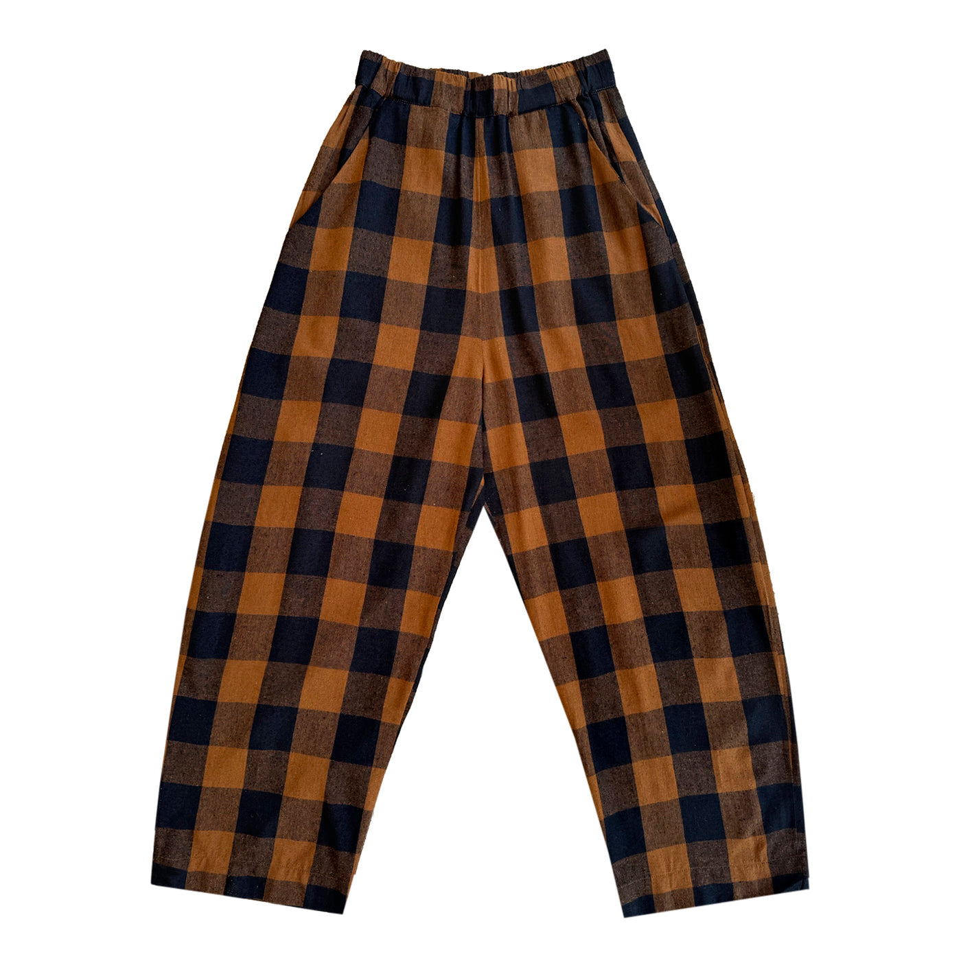 ali golden / An elastic waist pant in raw silk with poppy/pink plaid pattern and barrel pant silhouette.