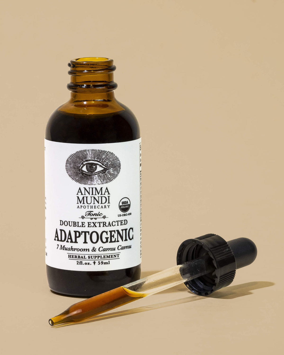 anima mundi adaptogenic tonic mushroom tinture / Adaptogenic Tonic contains locally grown, double cell wall extracted mushrooms along with high vitamin C sources such as Camu Camu and Mangosteen, which can help empower and rewire the immune system.