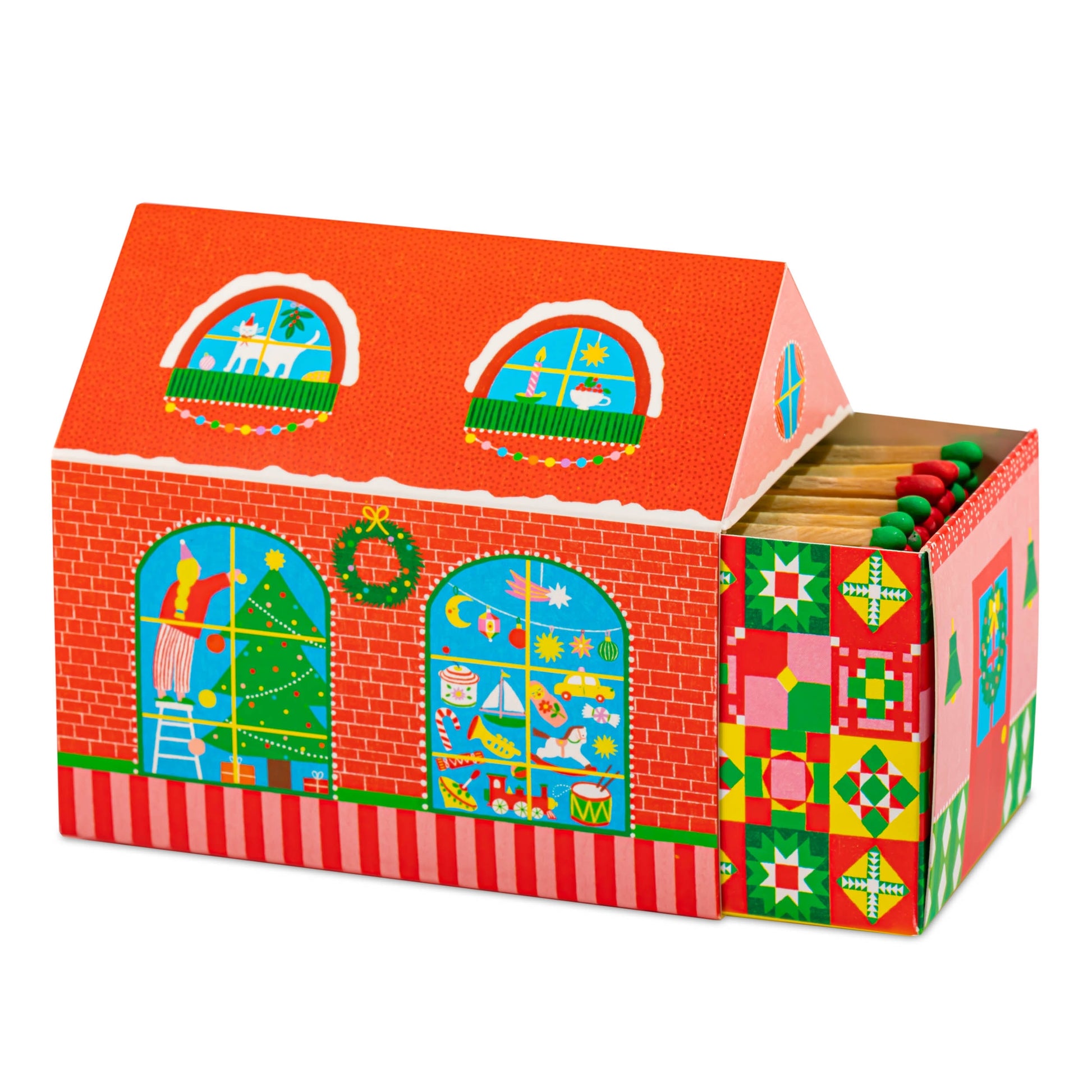 Colorful matchbox house with decorative windows and patterns on a white background - Archivist Gallery House Matches