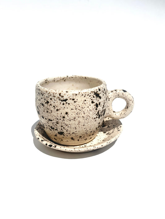 Handmade ceramic espresso cup and matching plate - the perfect set for the coffee lover. Offered in "Dalmatian" spots aka an off-white clay with speckled brownish-black glaze..