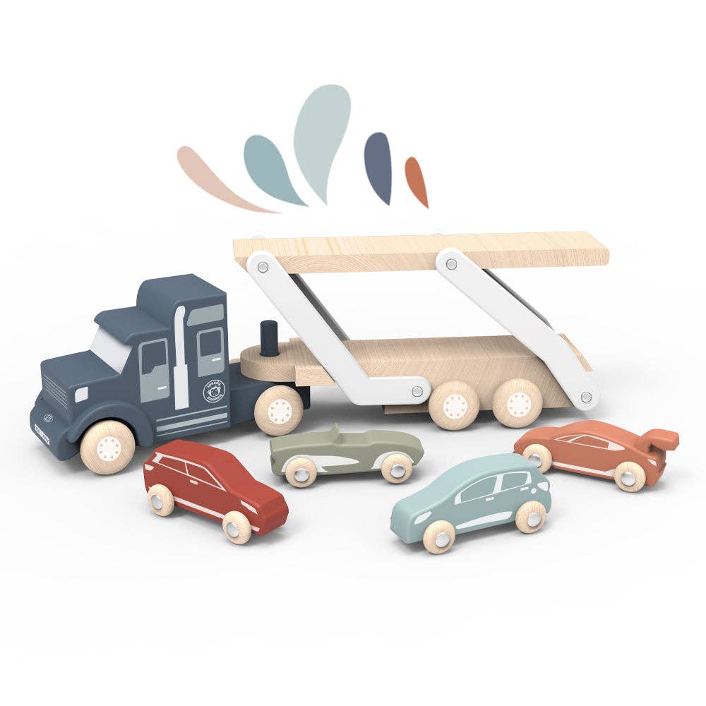 This wooden car transporter truck toy has a double-deck trailer. It easily converts for loading and unloading. Four colorful assorted models of solid wooden cars are included with the trailer. 