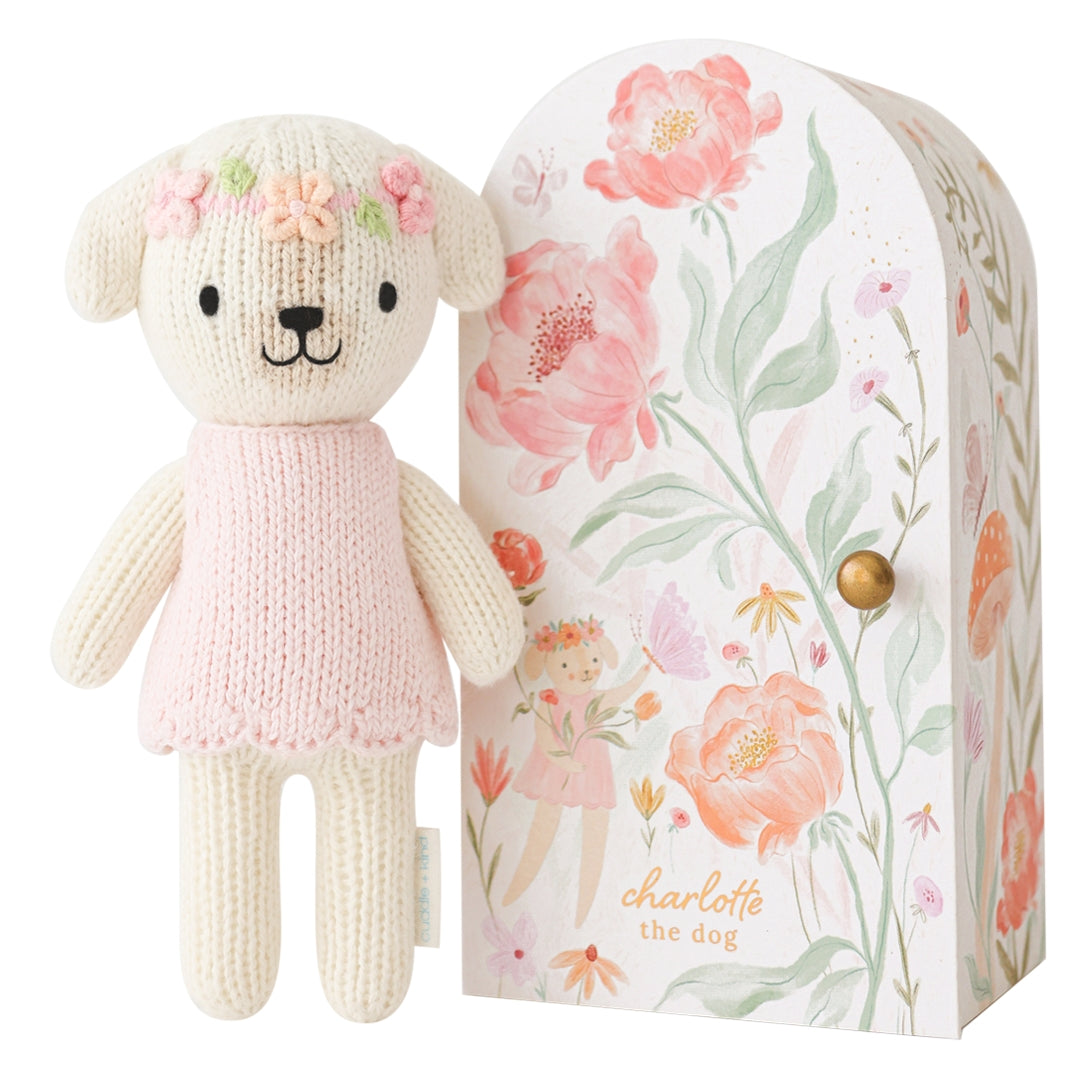 Knitted dog toy with pink sweater in front of a floral-patterned box. Hand knit doll with premium 100% cotton & floral tiny home. 1 doll provides 10 meals to children in North America and around the world. 