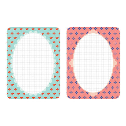 Two small cards with patterned borders on a white background