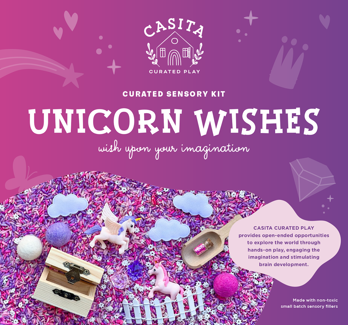Wish upon your imagination & play in fantasy. Includes two unicorns, plush clouds, fuzzy felt balls & gemstones. Sprinkle & scoop using the miniature glitter jar. Mini wooden wishing chest & picket fence. Filler is dried rice with food color.