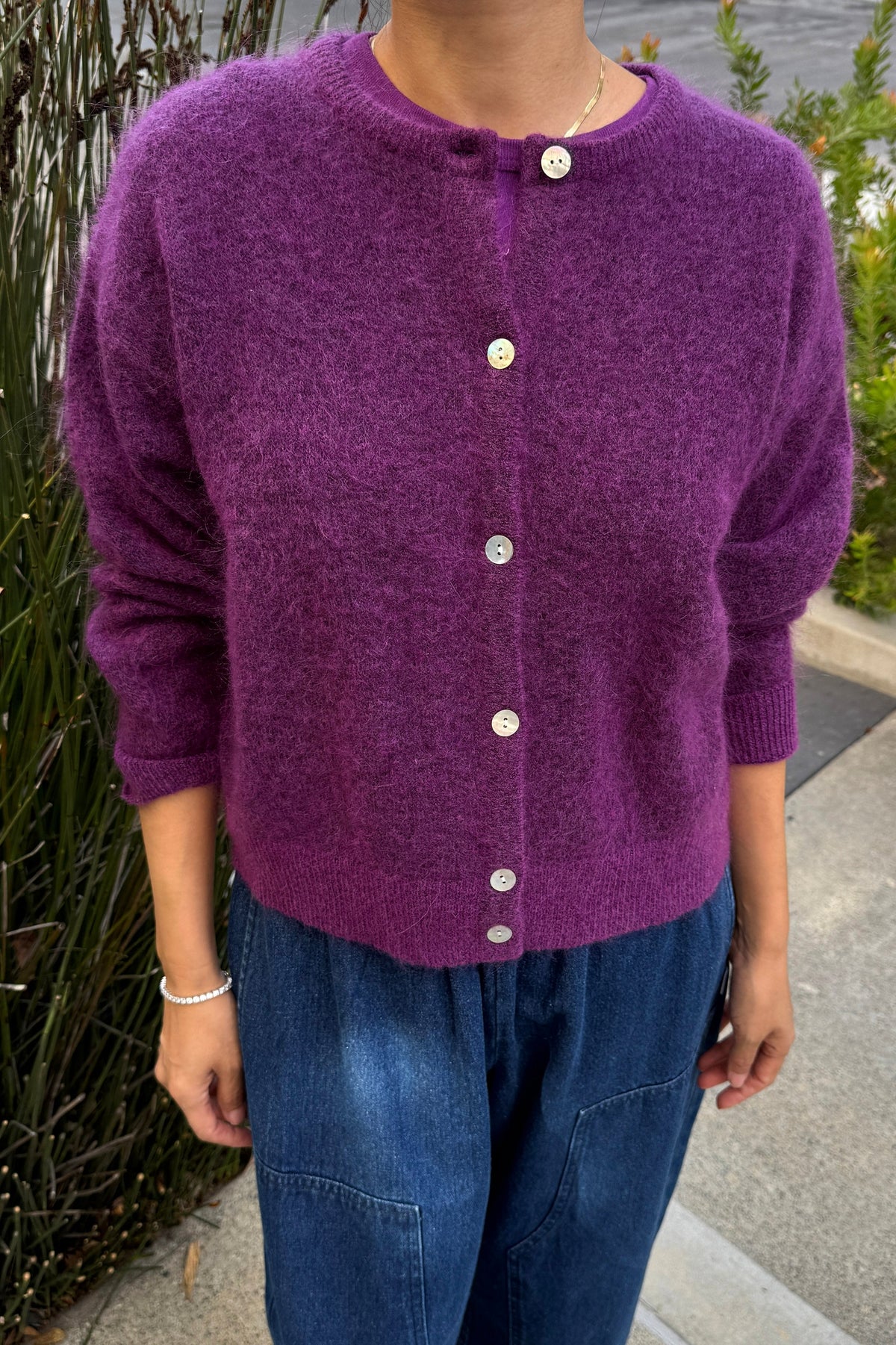Cozy and classic, the Ayla Mohair Cardigan is a soft, textured take on the Leila Cardigan. Maintaining a relaxed fit, crew neckline, and functional shell button front, it is crafted from a brushed mohair-wool blend for an extra cozy feel without the itch