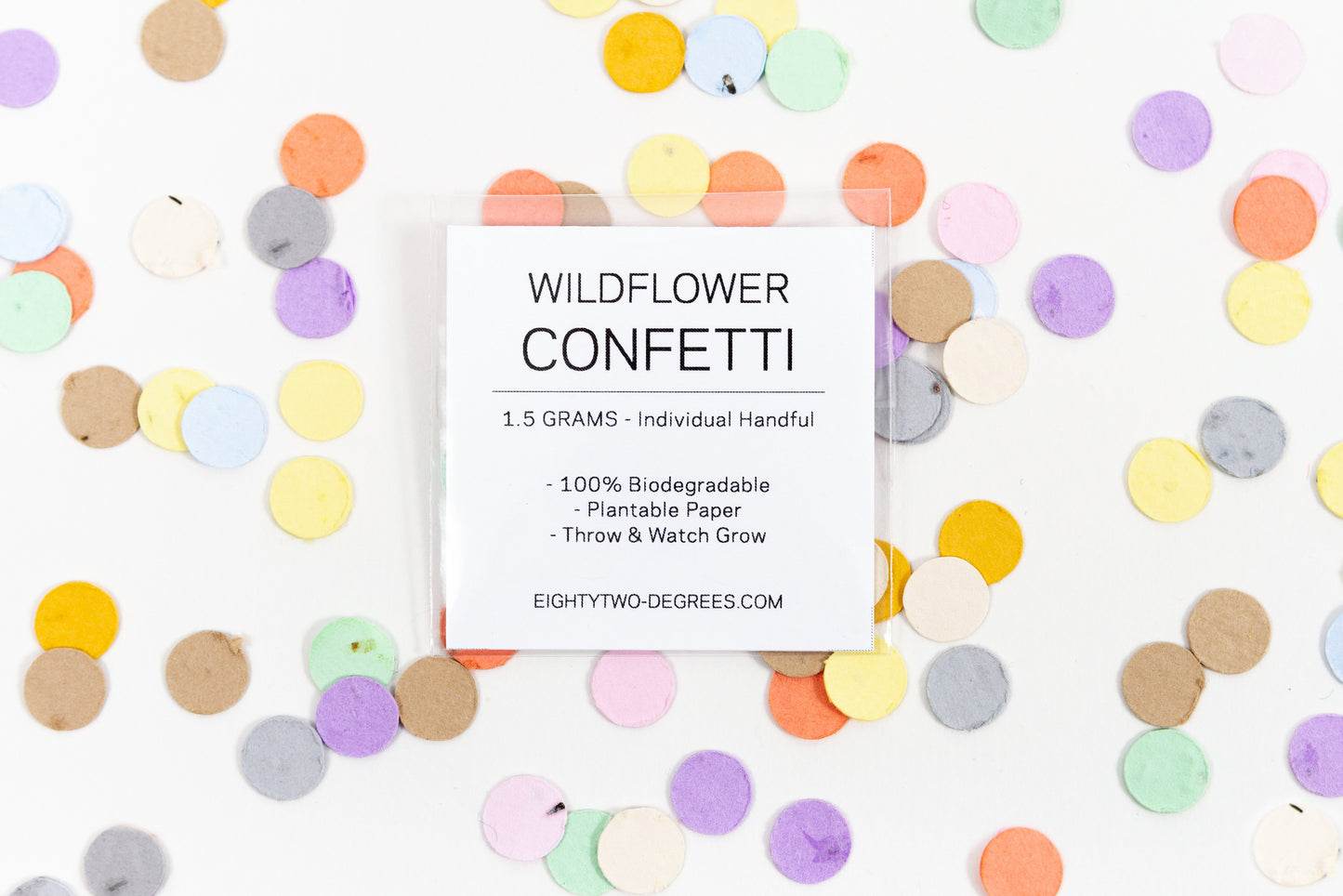 Mini individually packaged wildflower confetti packs are ready to toss or use to decorate without any environmental concerns.

Confetti is made from biodegradable paper embedded with a mixture of wildflower seeds. Feel good about helping the local ecosystem by planting pollinator plants that help local bees &amp; butterflies.&nbsp;