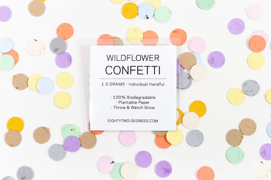 Mini individually packaged wildflower confetti packs are ready to toss or use to decorate without any environmental concerns.

Confetti is made from biodegradable paper embedded with a mixture of wildflower seeds. Feel good about helping the local ecosystem by planting pollinator plants that help local bees &amp; butterflies.&nbsp;