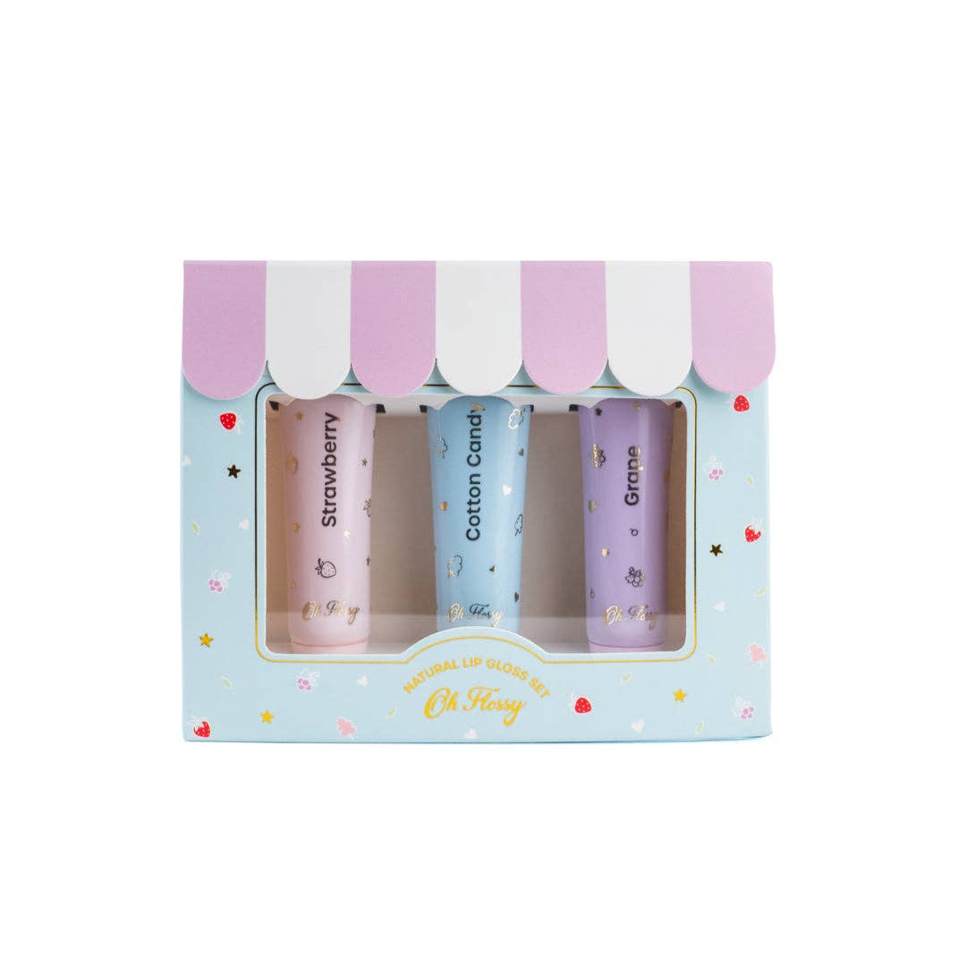 Oh Flossy's Natural Lip Gloss trio is a must have for little ones who love to shimmer & shine!    Each set includes three delicious flavours - Strawberry, Cotton Candy, and Grape . Free from talc, parabens, fragrances, nano-particles, phthalates.