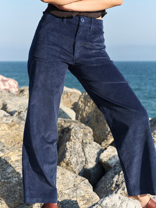 Person wearing dark blue pants standing on rocks with a body of water in the background. Mollusk Surf Shop Mid Rise Corduroy Painter Pants