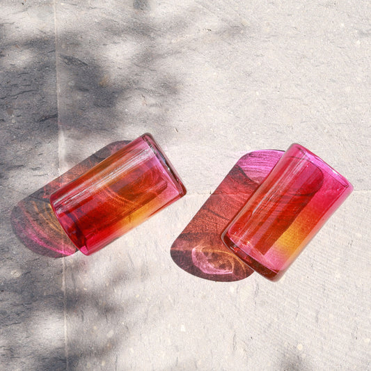 Hand blown glass tumbler featuring colorful gradients. Made in Guadalajara.