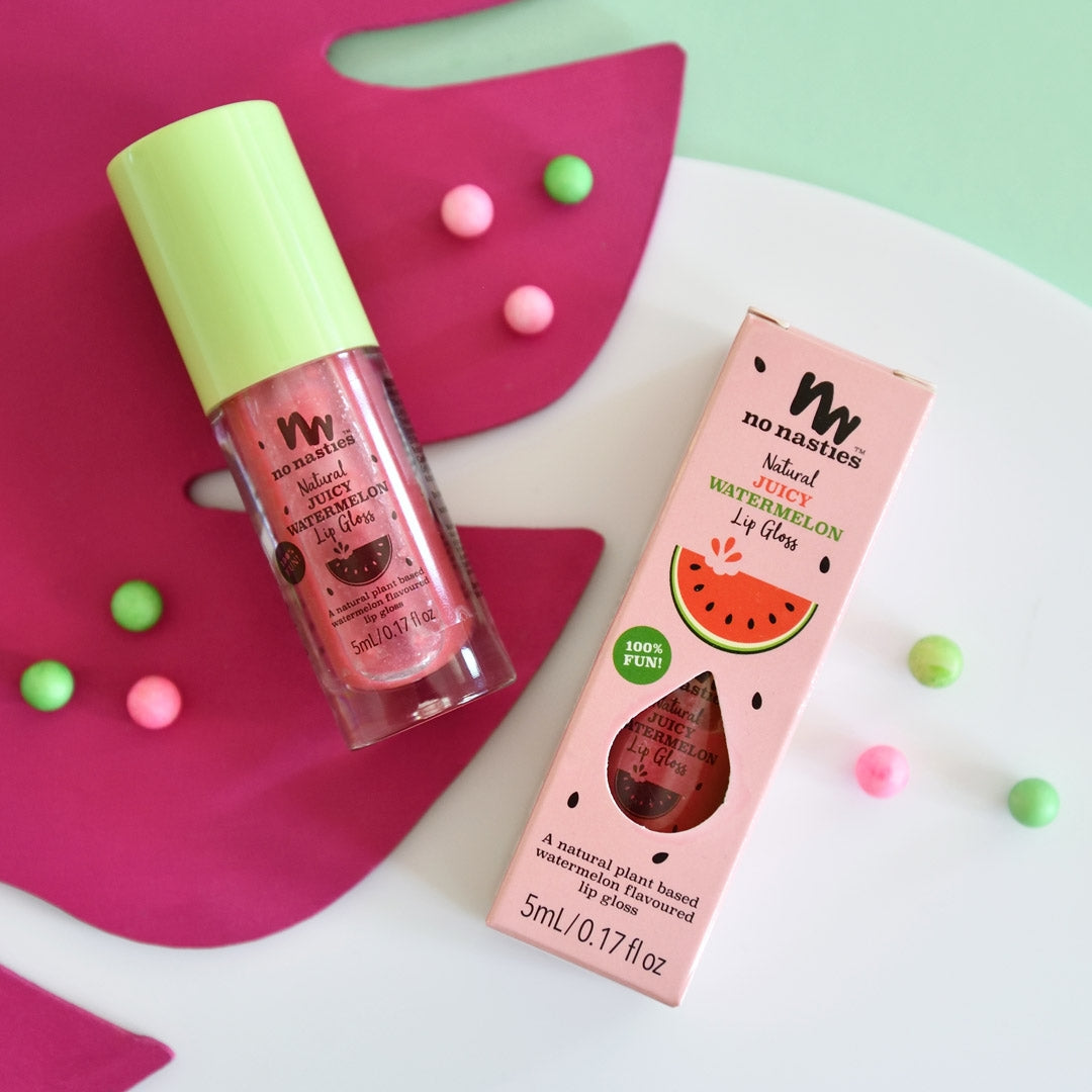 No Nasties Kids Lip Gloss is made with natural, vegan ingredients and designed in age appropriate colors that kids love. They come with an easy to use wand applicator and glides on like a lip gloss and leaves a balmy feel for hydration.