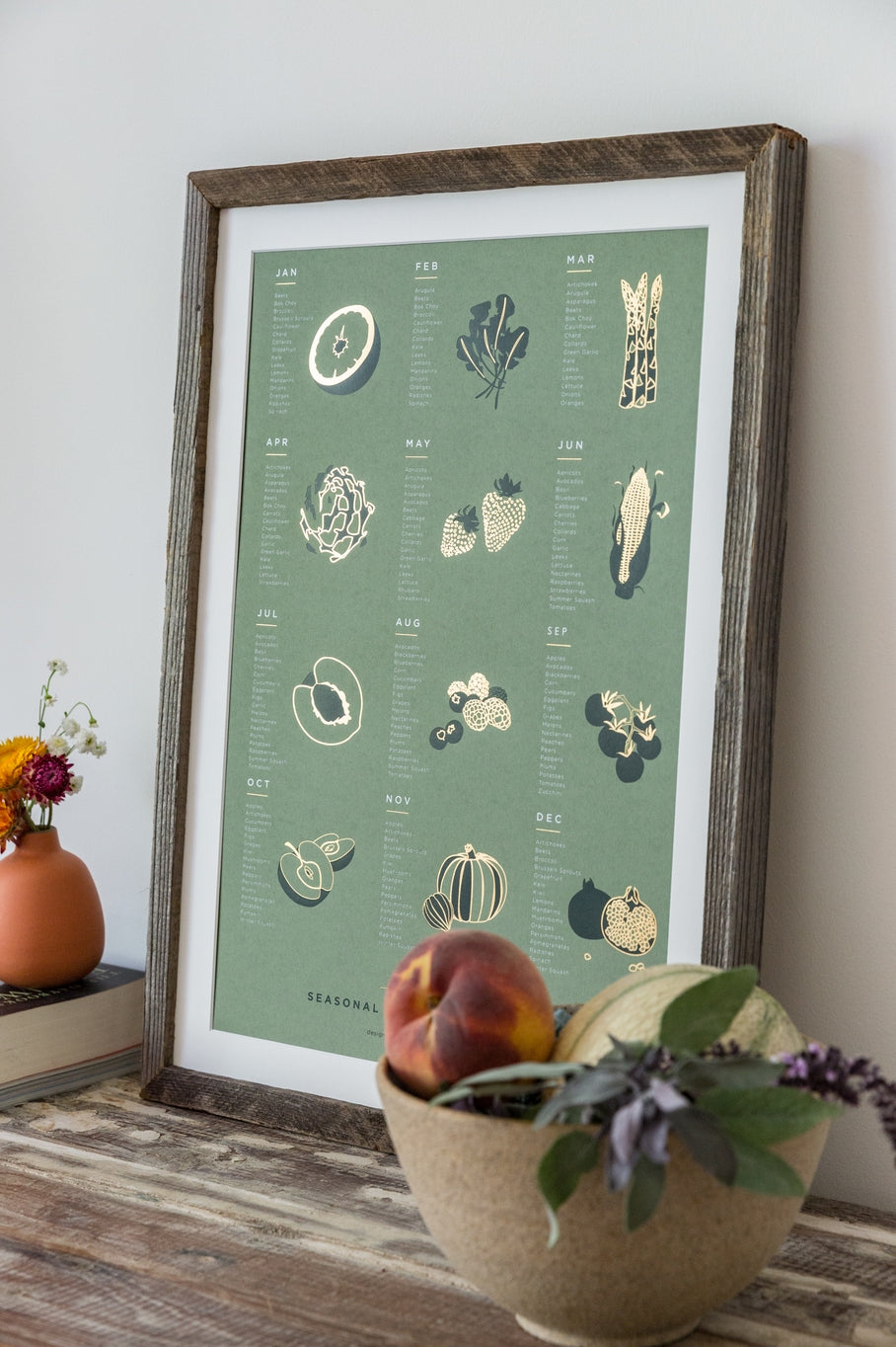 The seasonal fruit and vegetable poster features a monthly list of 15-20 varieties of produce that are freshest, ripest, and harvested within the listed month. Great reference art that is both elegant and useful for your kitchen, dining room or kids room!