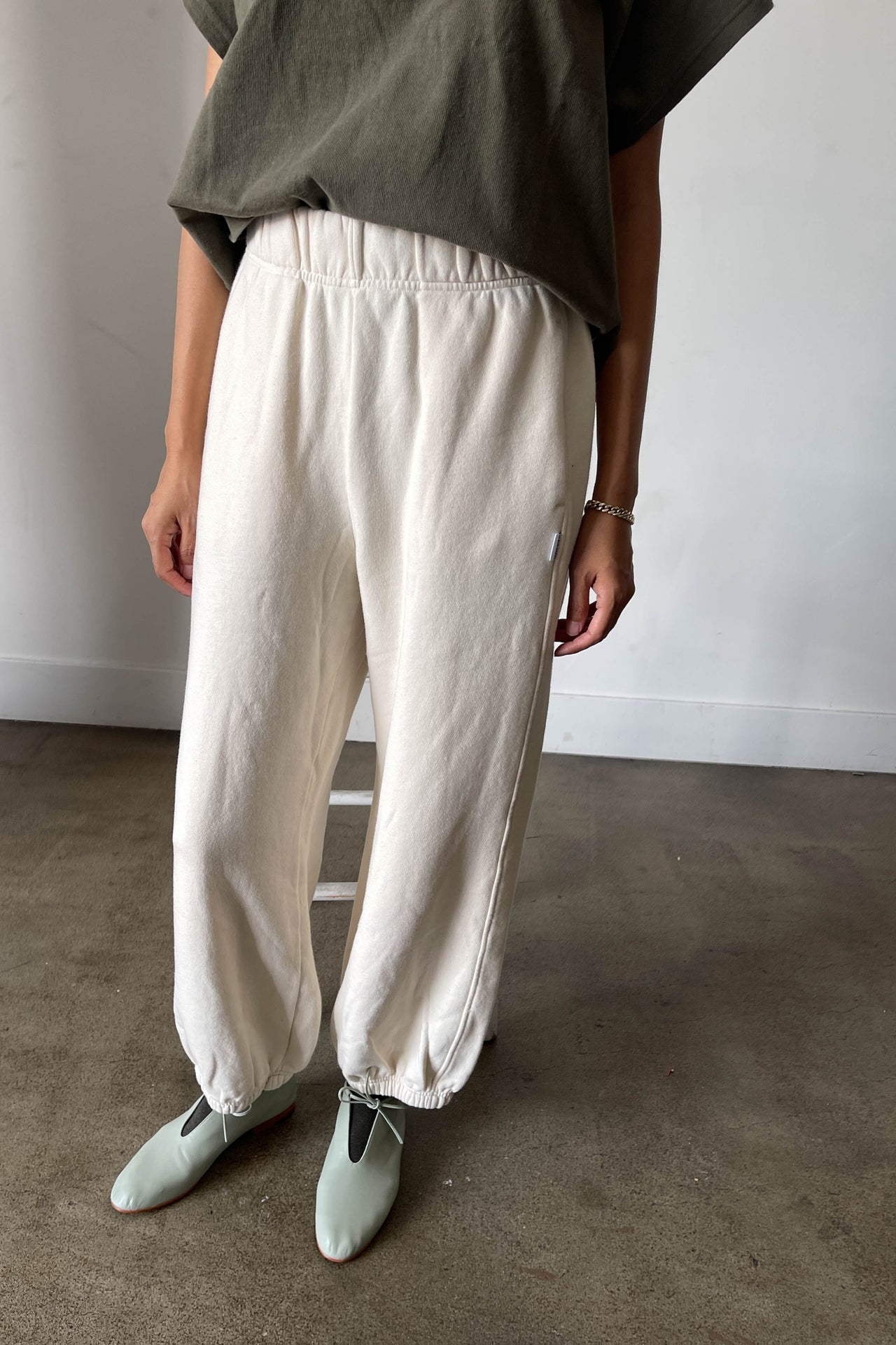 le bon shoppe french terry balloon pant in white made from 100% cotton 