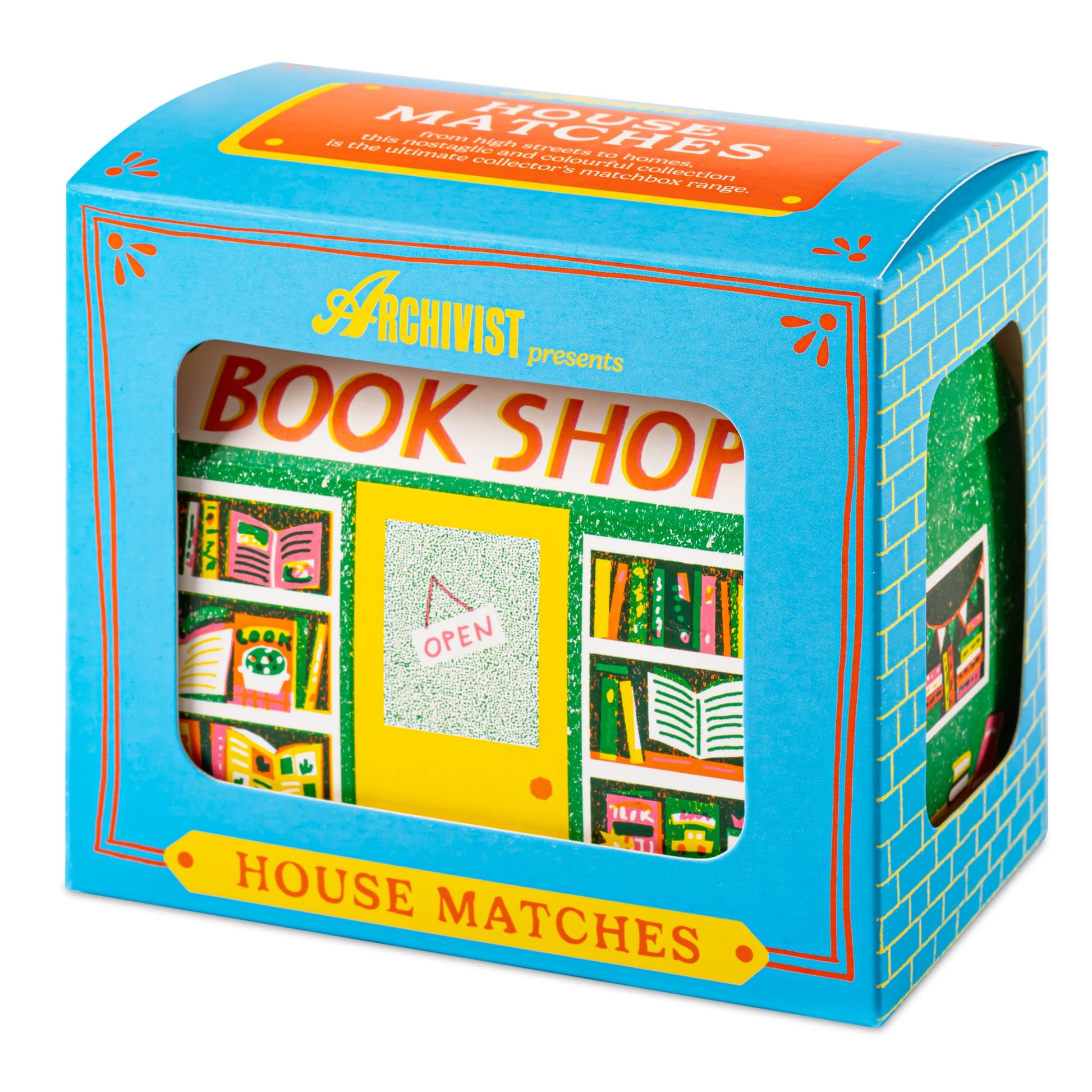 Box of 'Book Shop' matches with colorful design and 'Archivist' branding. Archivist Gallery House Matches