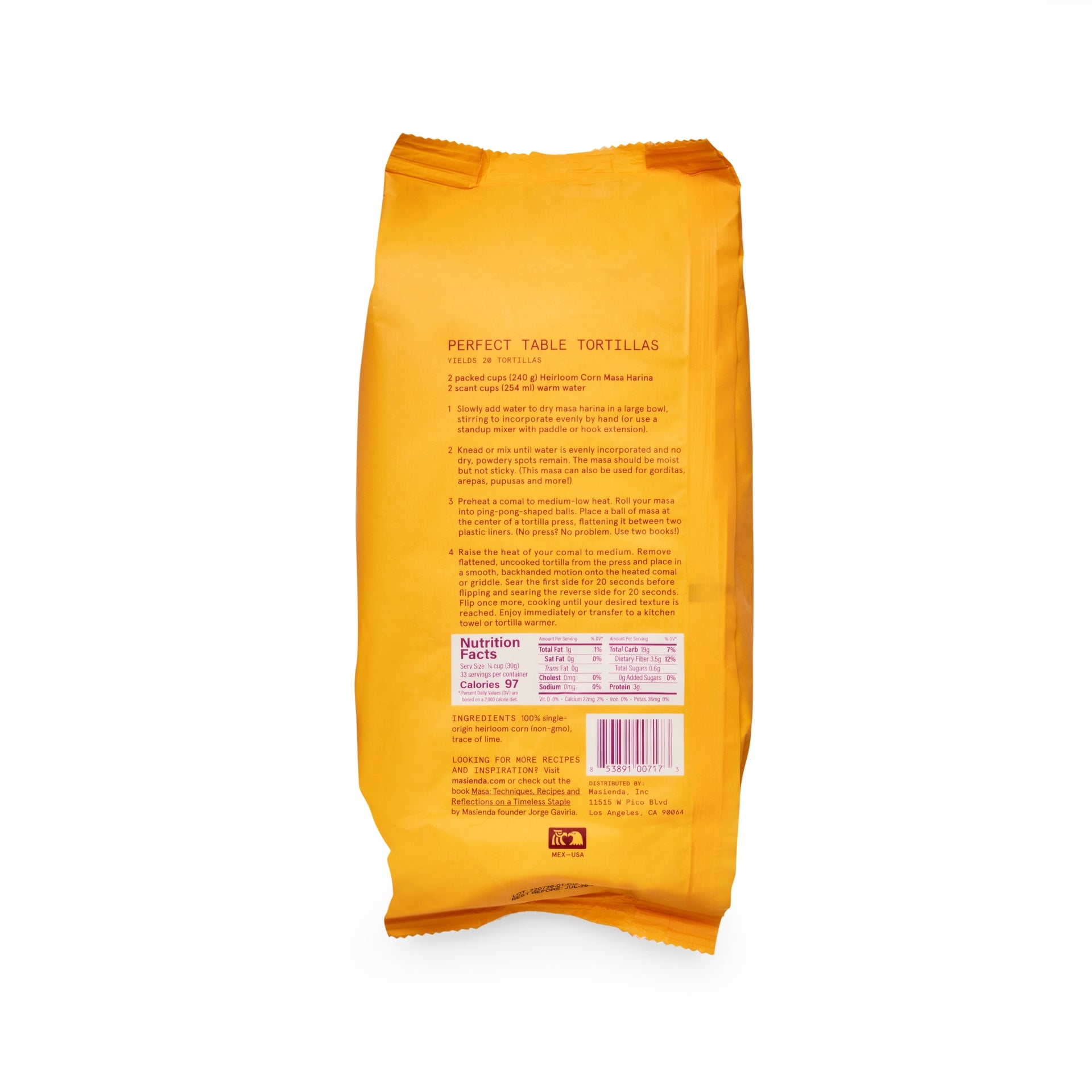 Masienda's best-selling Heirloom Yellow Corn Masa Harina is a fine-ground nixtamalized corn flour. Its deep flavor comes from high quality heirloom corn, which is cooked, slow dried and milled to perfection in small batches. Never genetically modified. Always gluten-free.