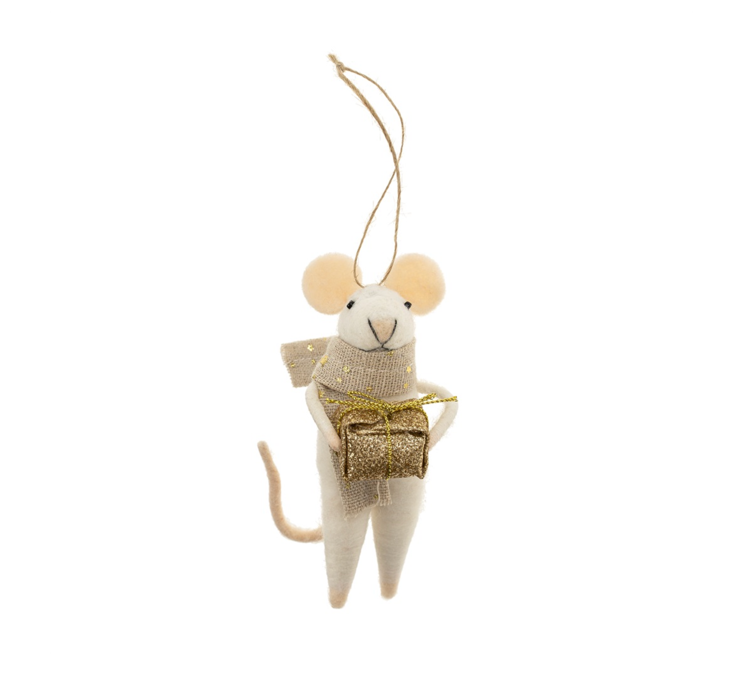 Decorative mouse ornament holding a gold bow on a white background