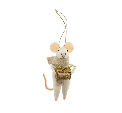 Decorative mouse ornament holding a gold bow on a white background