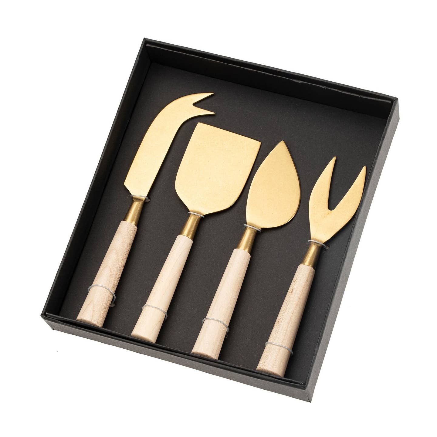 Hand forged metal and maple wood cheese knives set of four in a black holiday gifting box.