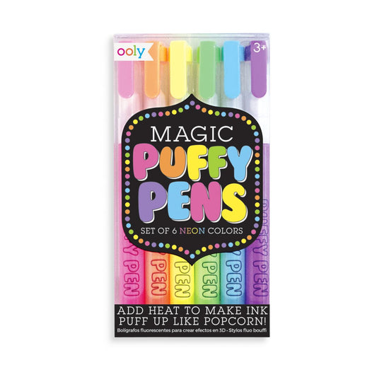 Magic Puffy Pens are a very special set of neon colored pens that puff up with 3D magic when you apply heat. It's all in the magic ink.