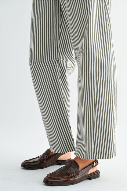 Raw Hem Barrel Jean in Olive Stripe