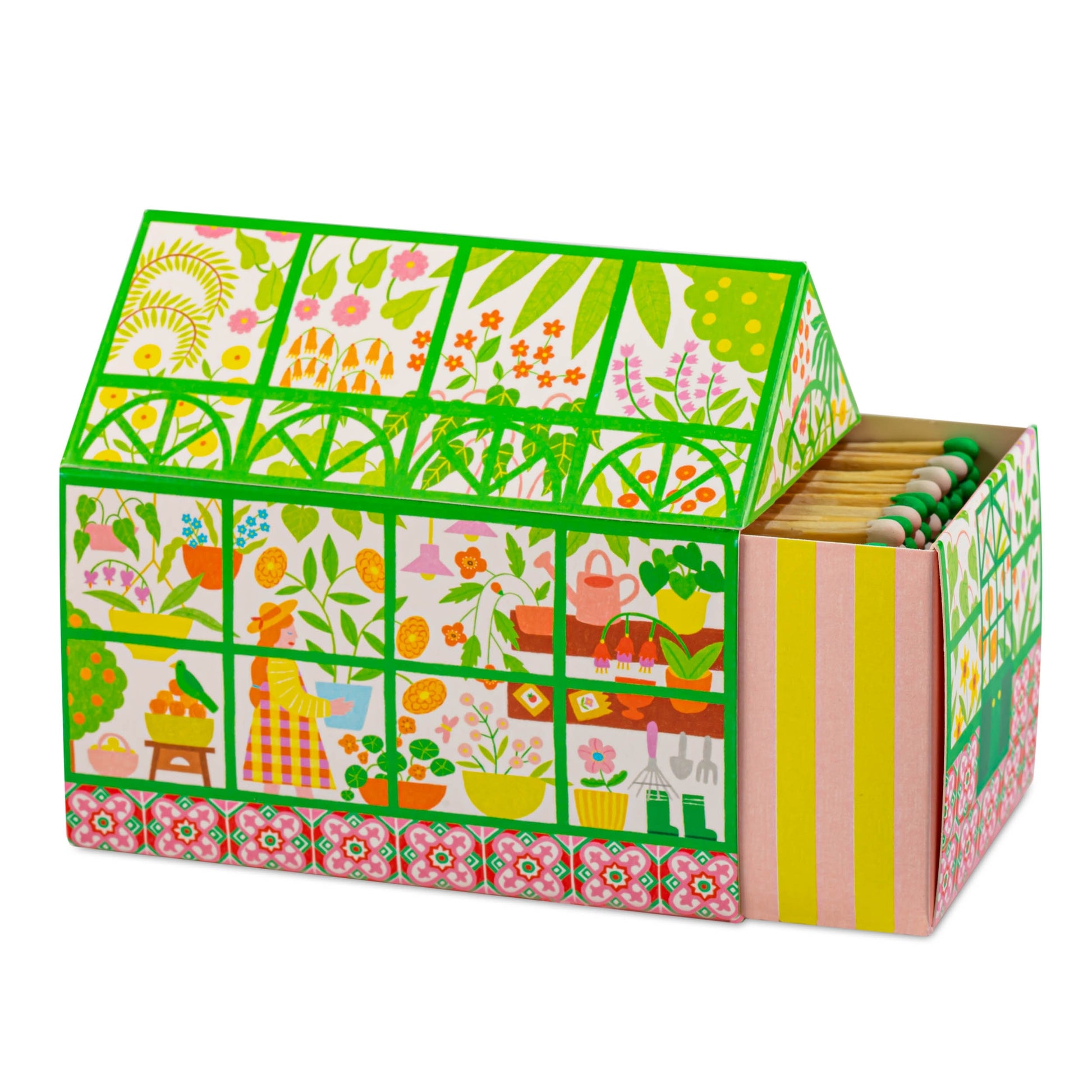 Colorful matchbox with garden-themed design on a white background - Archivist Gallery House Matches
