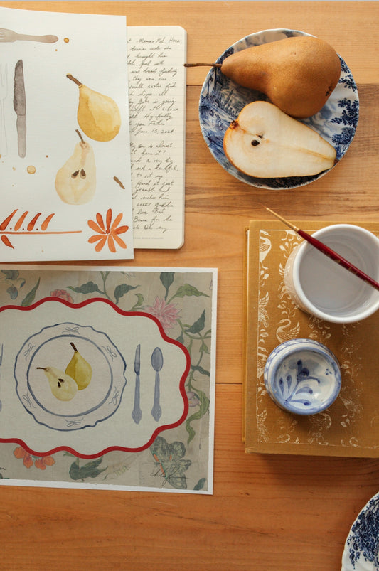 Pears for Dinner Print by Coco Shalom. Prints are made with 100% recycled paper, containing 30% post consumer waste, produced with 100% green power and 0% BS.