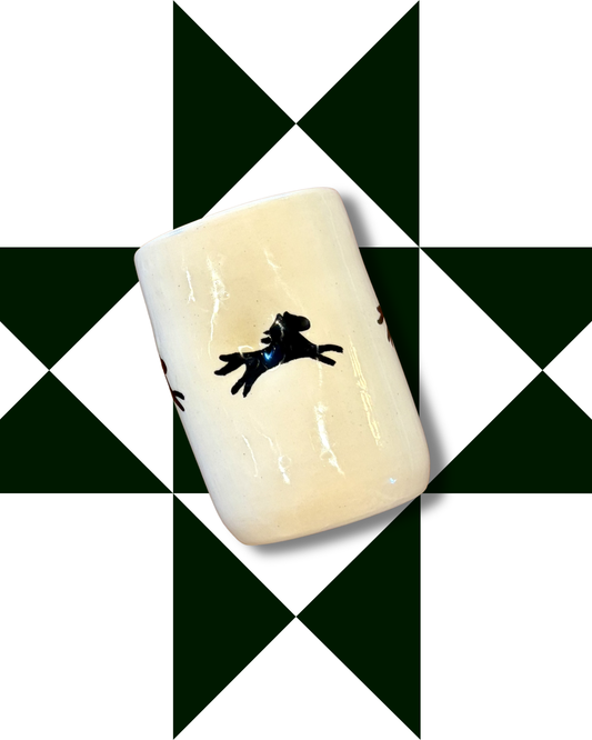 Handmade horse tumbler for hot and cold drinks. Ceramic tumbler made in Leucadia, California.