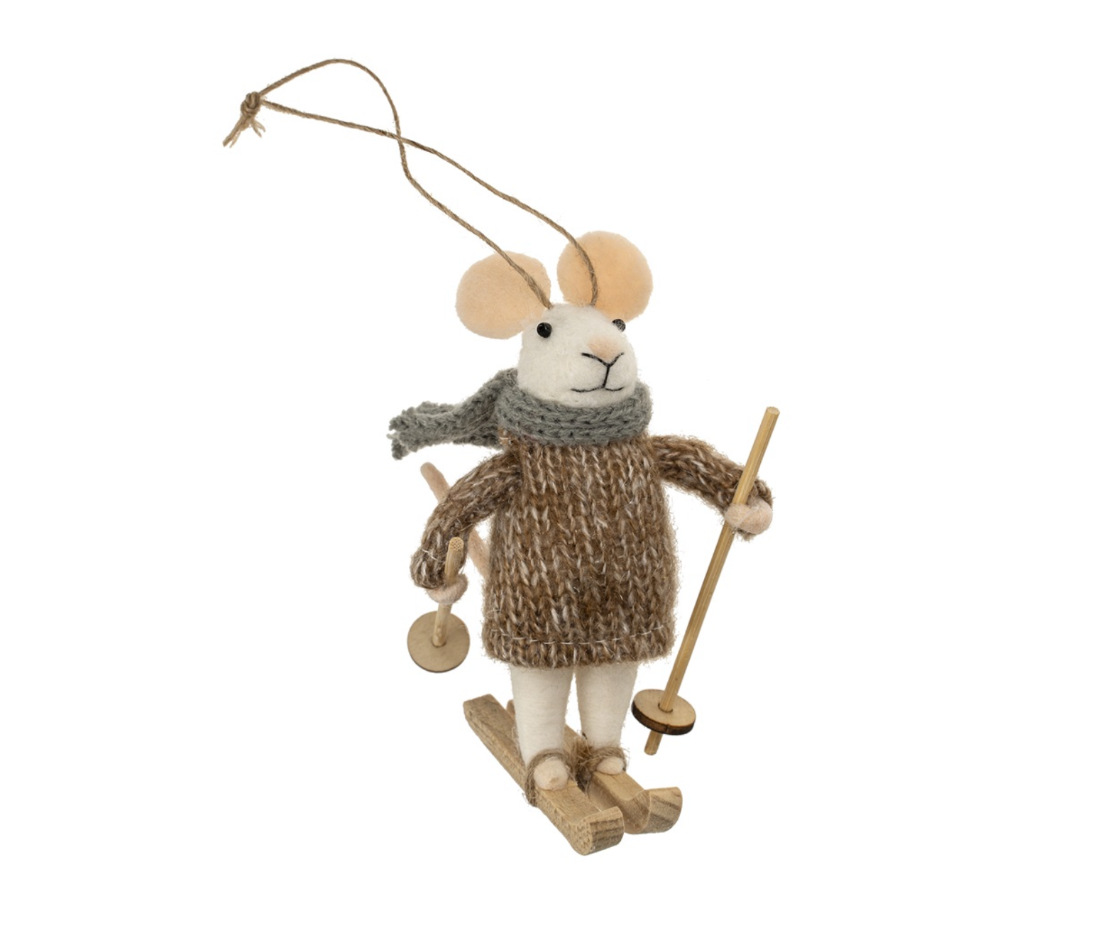 Decorative mouse ornament dressed in a sweater and ski gear on a white background