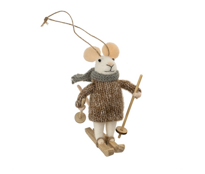 Decorative mouse ornament dressed in a sweater and ski gear on a white background